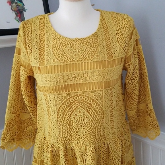🌻Hidden Alley Mustard Eyelet Boho Low Waist Dress - Picture 4 of 7